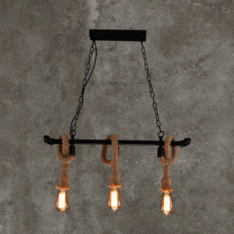 Rustic Metallic Water Pipe Hanging Lamp With Hemp Rope - Black Restaurant Chandelier 3 /