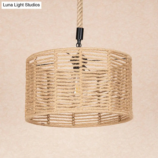 Rustic Natural Rope Pendant Lighting - 1 Bulb Brown Ceiling Lamp For Restaurants