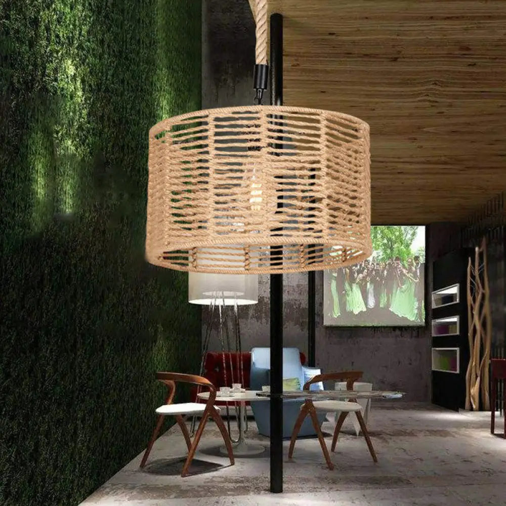 Rustic Natural Rope Drum Pendant Ceiling Lamp With 1 Bulb - Brown Finish | Perfect For Restaurants