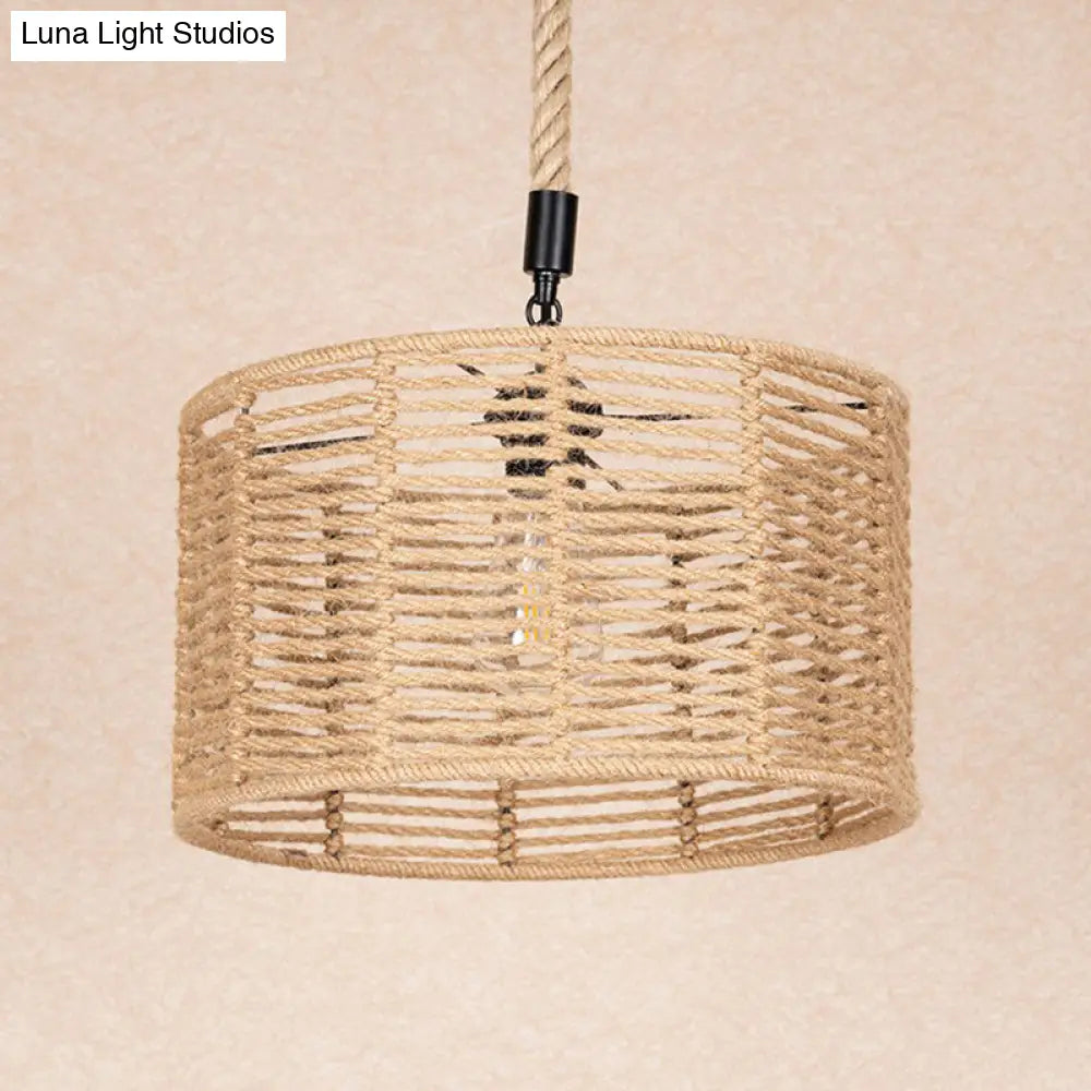 Rustic Natural Rope Drum Pendant Ceiling Lamp With 1 Bulb - Brown Finish | Perfect For Restaurants
