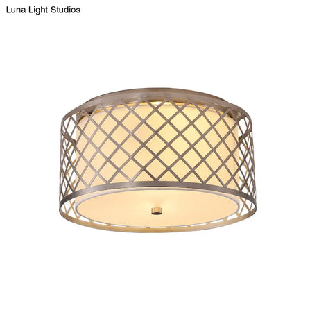 Rustic Nickel Crisscross Woven Drum Ceiling Flush Mount Light - 2 Bulbs Bedroom Fixture