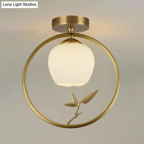 Rustic Opal Glass & Brass Ceiling Lamp With Peacock Decor