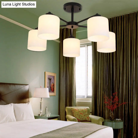 Rustic Opal Glass Cylinder Bedroom Ceiling Chandelier Light - Black Finish
