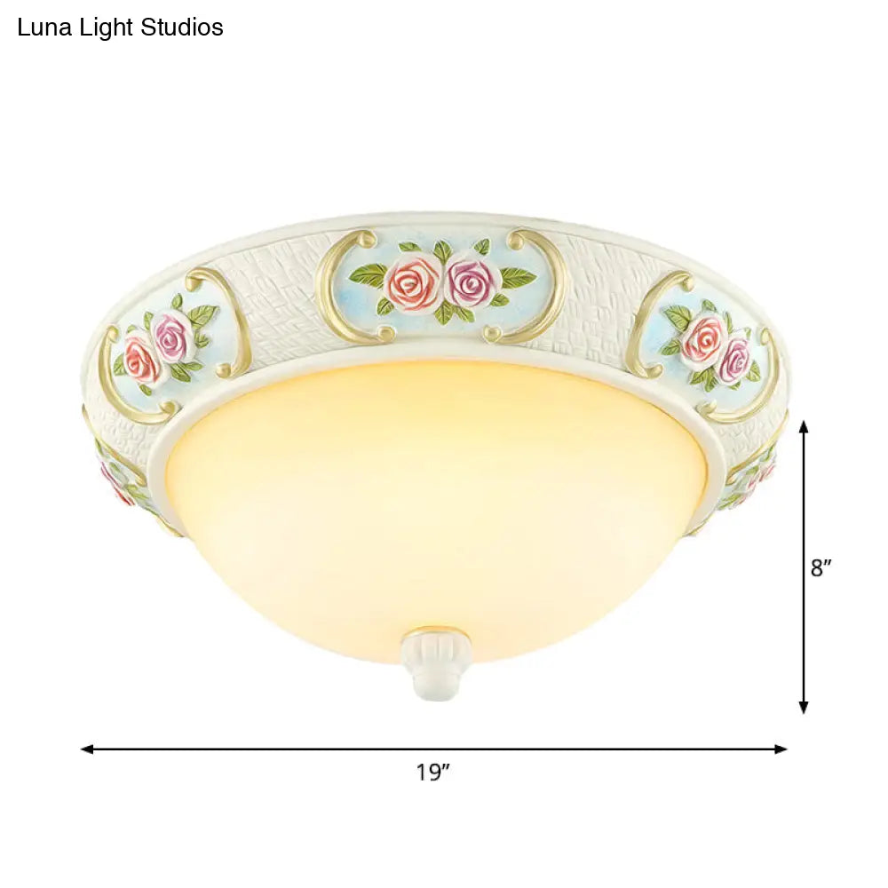Rustic Opal Glass Dome Ceiling Flush Light White 15/19 W 3-Bulb Flushmount For Dining Room With Rose