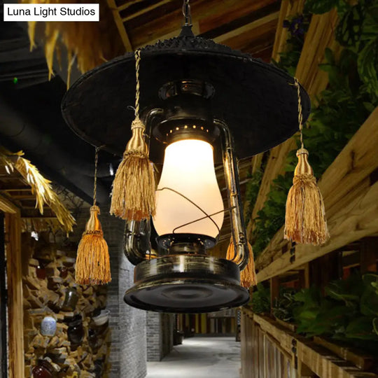 Rustic Opal Glass Kerosene Ceiling Lamp With Tassel And Cone Hat Top - Black 1 Bulb Aisle Hanging