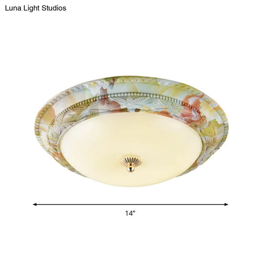 Rustic Opal Glass Tiered Ceiling Lamp - Led Flush Mount Light Fixture In White-Green For Living Room