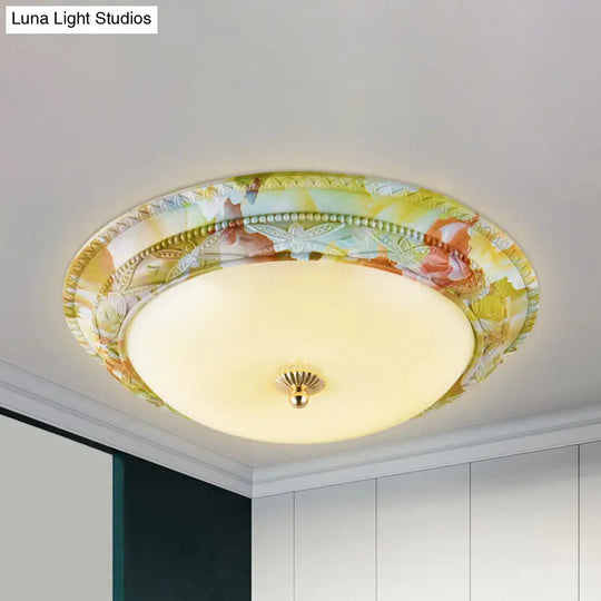 Rustic Opal Glass Tiered Ceiling Lamp - Led Flush Mount Light Fixture In White-Green For Living Room