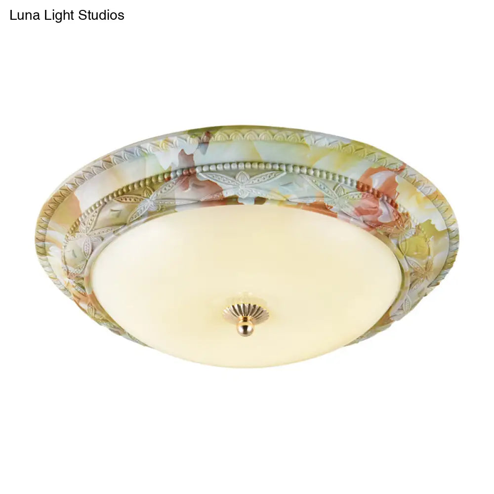 Rustic Opal Glass Tiered Ceiling Lamp - Led Flush Mount Light Fixture In White - Green For Living