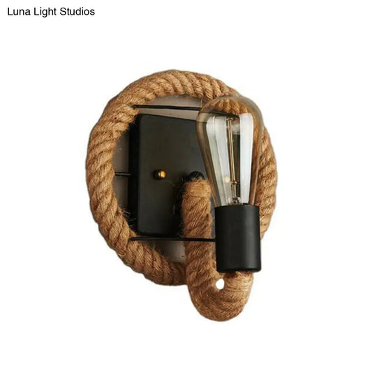 Rustic Open Bulb Wall Sconce With Roped Ring In Brown