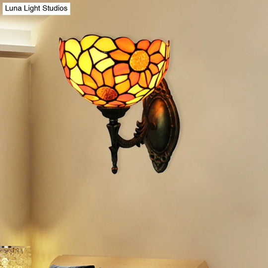 Rustic Orange Stained Glass Sunflower Wall Sconce Tiffany Lamp