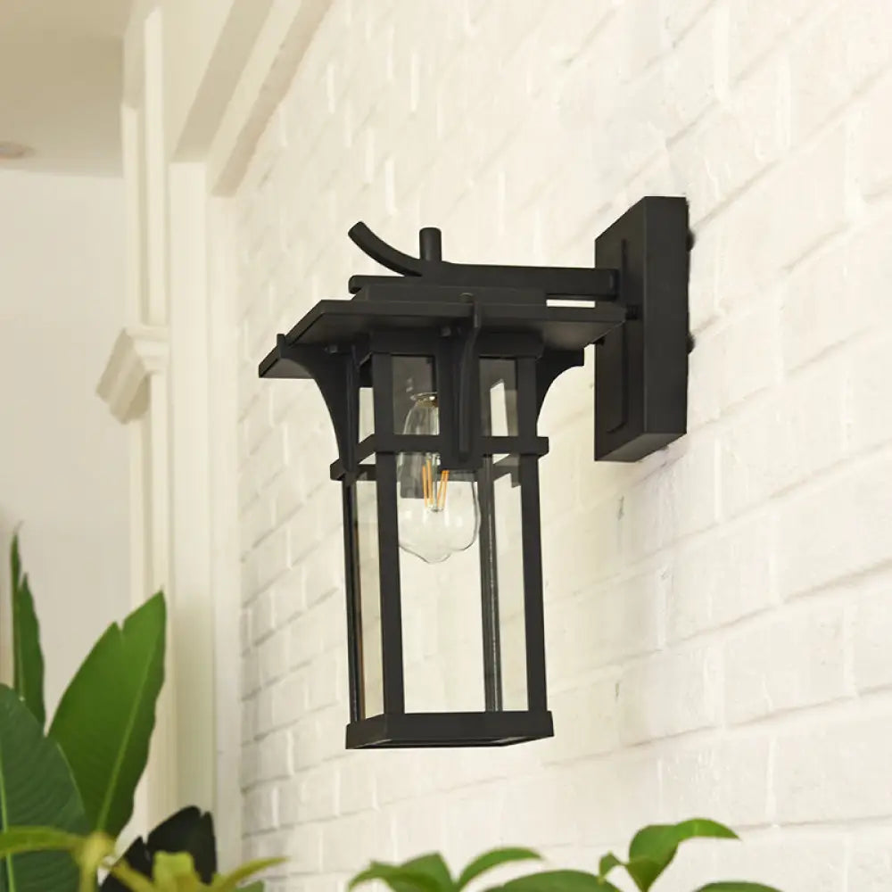 Rustic Outdoor Wall Sconce Light - Retro Lantern Style With Clear Water Glass Bronze/Black Finish