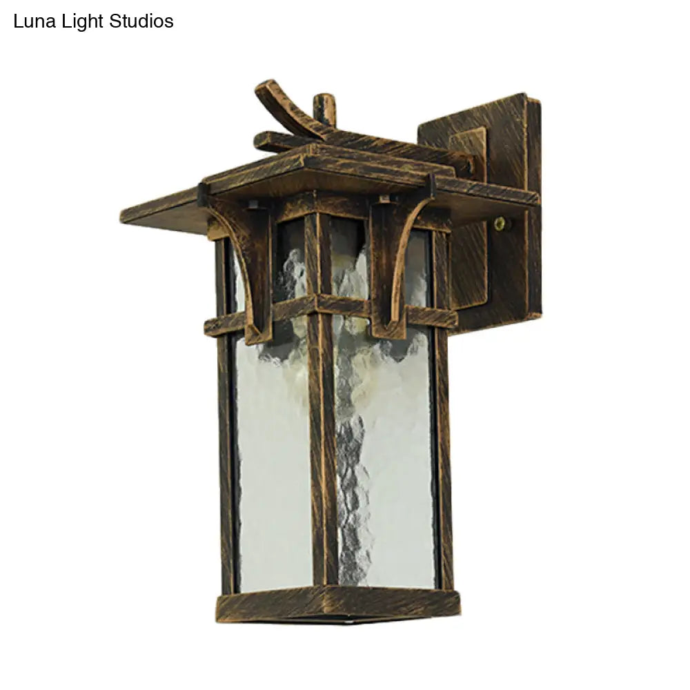 Rustic Outdoor Wall Sconce Light - Retro Lantern Style With Clear Water Glass Bronze/Black Finish