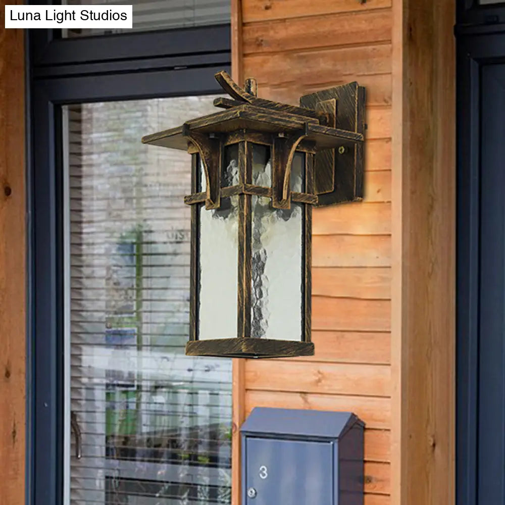 Rustic Outdoor Wall Sconce Light - Retro Lantern Style With Clear Water Glass Bronze/Black Finish