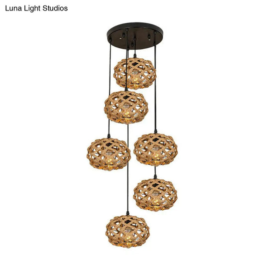 Rustic Oval Pendant Light With Cross-Woven Rope And Multiple Bulbs For Kitchen Or Bar Area