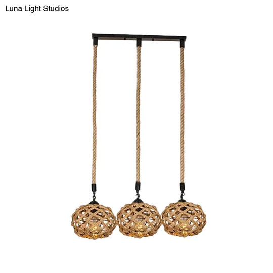 Brown Cross-Woven Rope Pendant Light With Oval Cluster Design - Cottage Kitchen Bar Ceiling Fixture