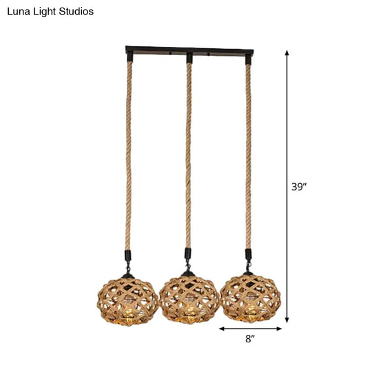 Brown Cross-Woven Rope Pendant Light With Oval Cluster Design - Cottage Kitchen Bar Ceiling Fixture