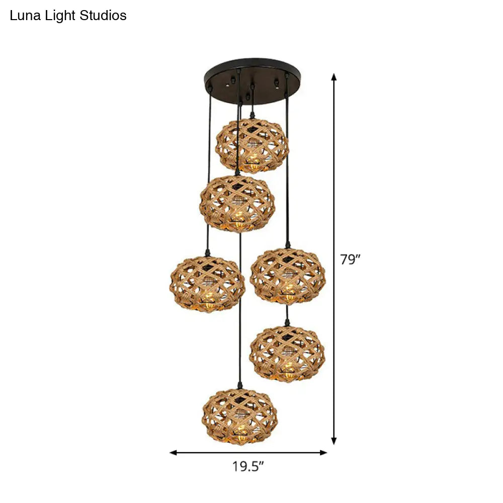 Brown Cross-Woven Rope Pendant Light With Oval Cluster Design - Cottage Kitchen Bar Ceiling Fixture