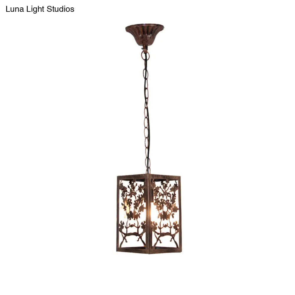 Rustic Pendant Ceiling Light With Cage - Traditional Metal 1 Hanging Lamp For Living Room