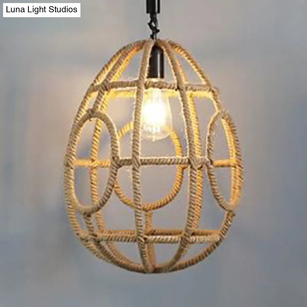 Rustic Beige Pendant Lighting: 1 Bulb Oval Cage Suspended Lamp For Restaurants With Rope Shade