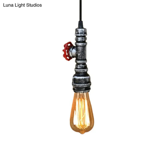 Rustic Pipe Hanging Lamp 1-Bulb Wrought Iron Light Fixture With Red Valve In Black/Silver/Brass