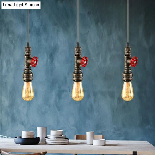 Rustic Pipe Hanging Lamp: Farmhouse Style Wrought Iron Light Fixture With Red Valve -