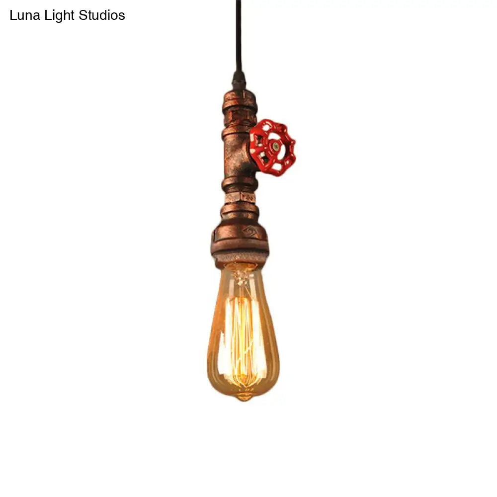 Rustic Pipe Hanging Lamp 1-Bulb Wrought Iron Light Fixture With Red Valve In Black/Silver/Brass