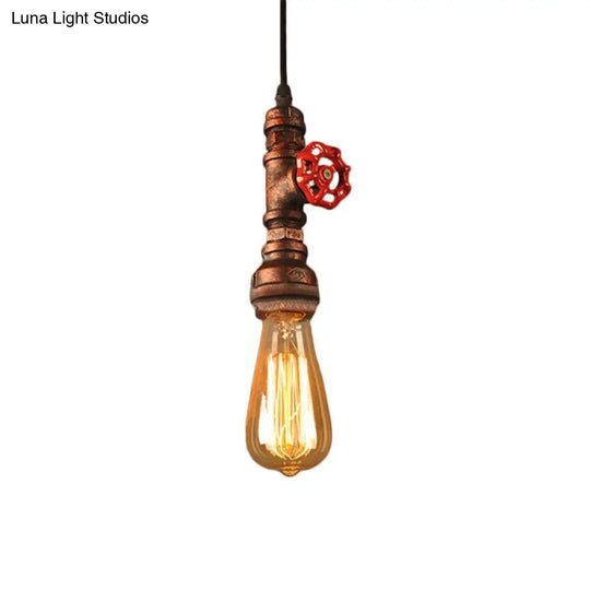 Rustic Pipe Hanging Lamp 1-Bulb Wrought Iron Light Fixture With Red Valve In Black/Silver/Brass