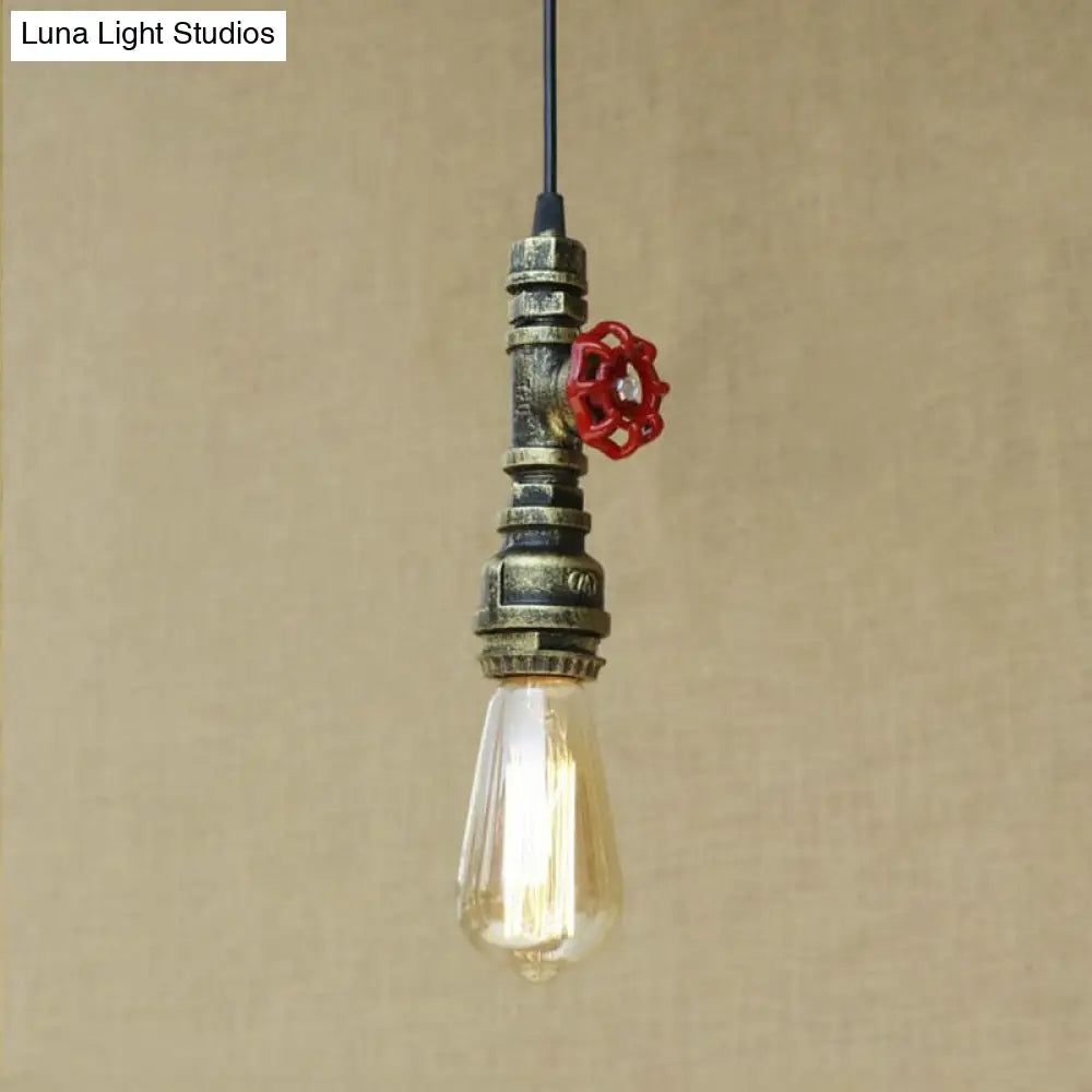 Rustic Pipe Hanging Lamp: Farmhouse Style Wrought Iron Light Fixture With Red Valve -