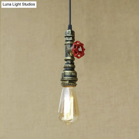 Rustic Pipe Hanging Lamp: Farmhouse Style Wrought Iron Light Fixture With Red Valve -