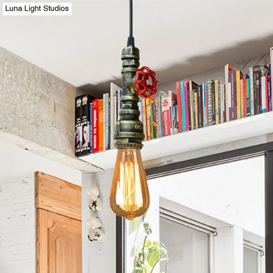 Rustic Pipe Hanging Lamp 1-Bulb Wrought Iron Light Fixture With Red Valve In Black/Silver/Brass