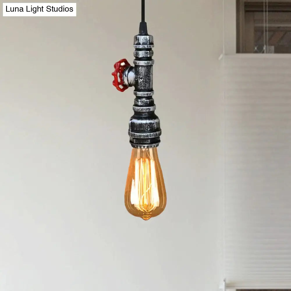 Rustic Pipe Hanging Lamp 1-Bulb Wrought Iron Light Fixture With Red Valve In Black/Silver/Brass