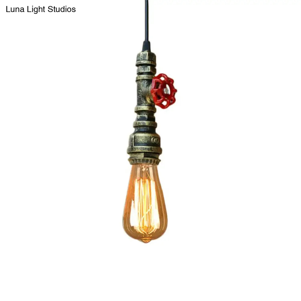 Rustic Pipe Hanging Lamp 1-Bulb Wrought Iron Light Fixture With Red Valve In Black/Silver/Brass