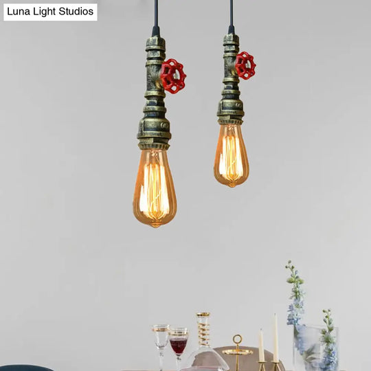 Rustic Pipe Hanging Lamp 1-Bulb Wrought Iron Light Fixture With Red Valve In Black/Silver/Brass