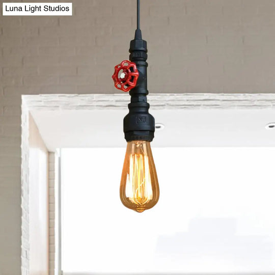 Rustic Pipe Hanging Lamp 1-Bulb Wrought Iron Light Fixture With Red Valve In Black/Silver/Brass