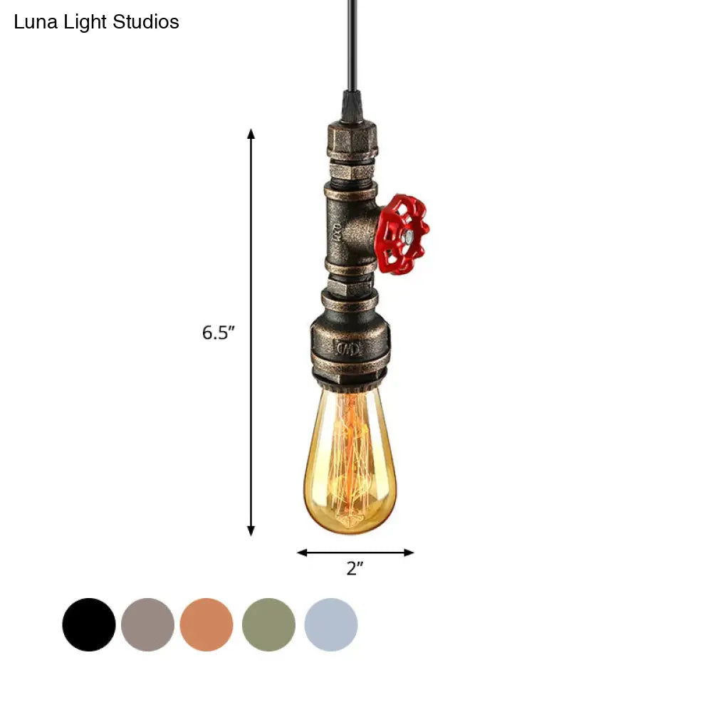Rustic Pipe Hanging Lamp 1-Bulb Wrought Iron Light Fixture With Red Valve In Black/Silver/Brass