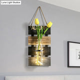 Rustic Plant Wall String Lights - Dark Green/Light Green/Yellow With Wooden Backplate