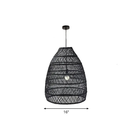 Rustic Rattan 1-Head Domed Pendant Lamp For Bedroom Ceiling Black / Small Oval