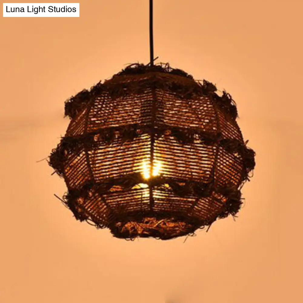 Rustic Rattan Globe Pendant Light In Beige/Black For Table
