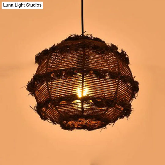 Rustic Rattan Globe Pendant Light In Beige/Black For Table