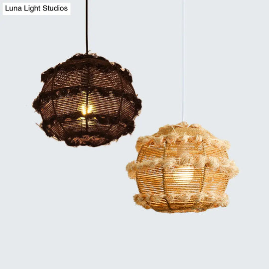 Rustic Rattan Globe Pendant Light In Beige/Black For Table