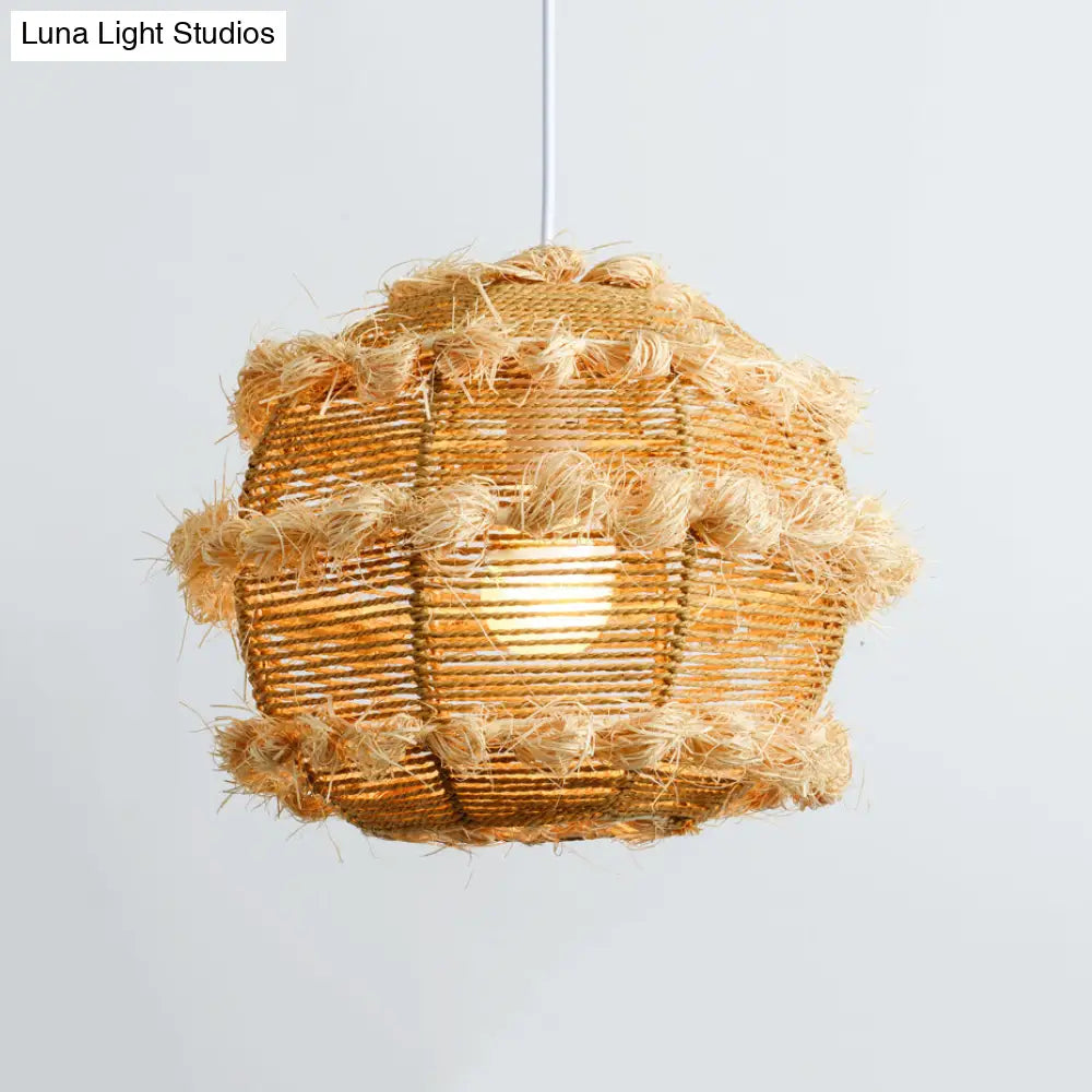 Rustic Rattan Globe Pendant Light In Beige/Black For Table