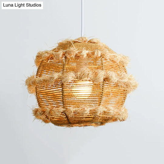 Rustic Rattan Globe Pendant Light In Beige/Black For Table