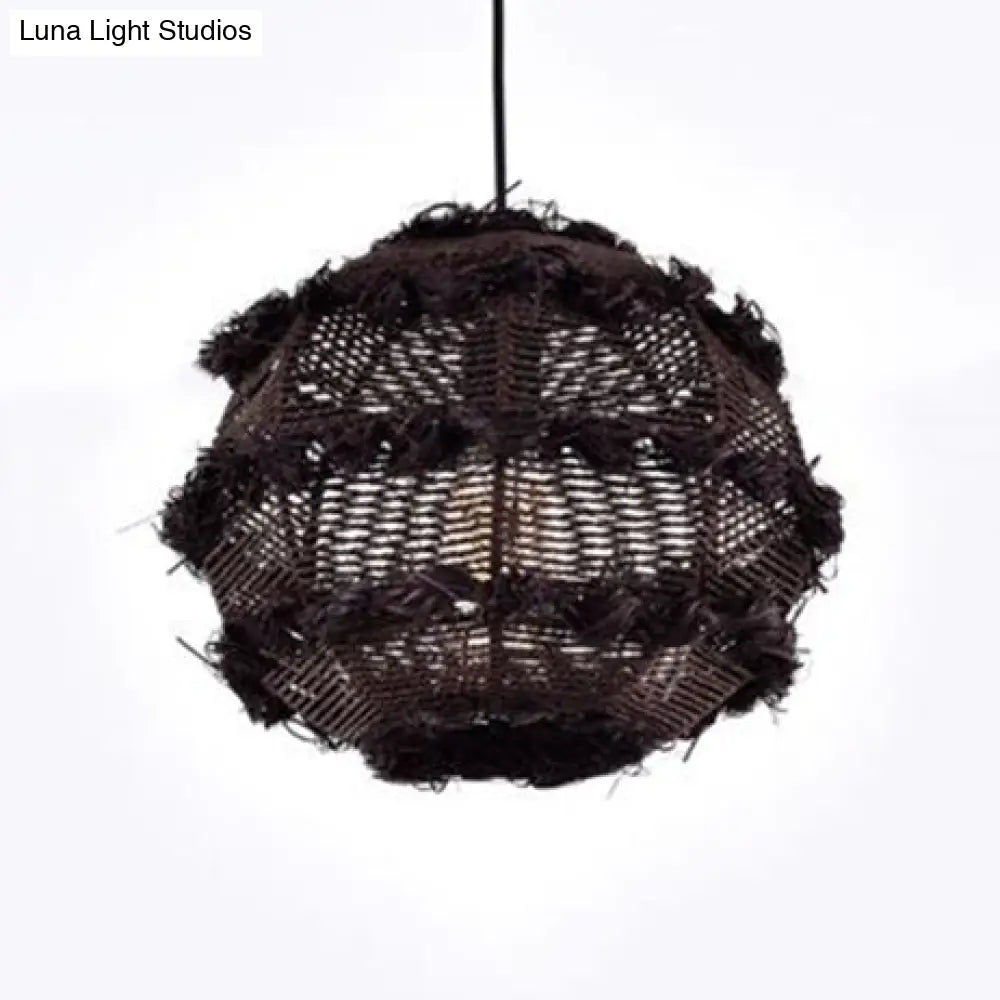 Rustic Rattan Globe Pendant Light In Beige/Black For Table