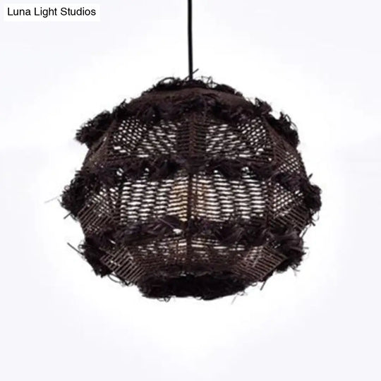 Rustic Rattan Globe Pendant Light In Beige/Black For Table