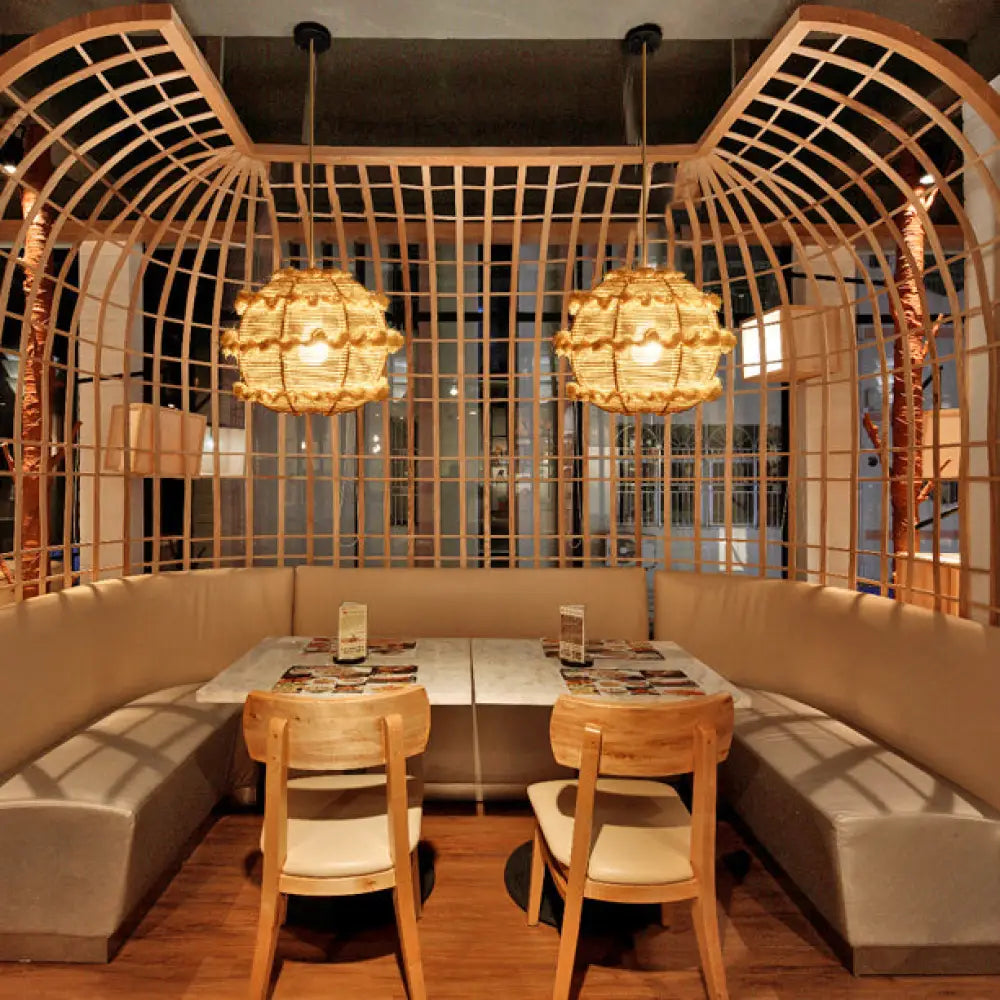 Rustic Rattan Globe Pendant Light In Beige/Black For Table Beige