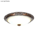 Rustic Red Brown Flush Mount Led Ceiling Light With Frosted Glass Bowl Shade - Ideal For Living Room