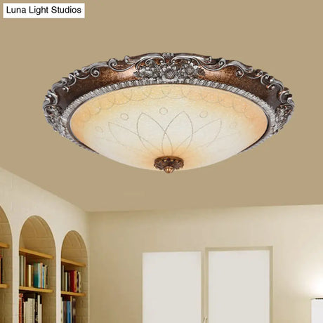 Rustic Red Brown Flush Mount Led Ceiling Light With Frosted Glass Bowl Shade - Ideal For Living Room