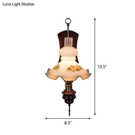 Rustic Red Brown Wall Sconce Light With Countryside White Glass And Kerosene Lamp Shade