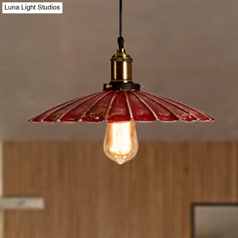 Rustic Red Scalloped Shade Pendant Lamp - Metallic Finish Coffee Shop Hanging Light Fixture