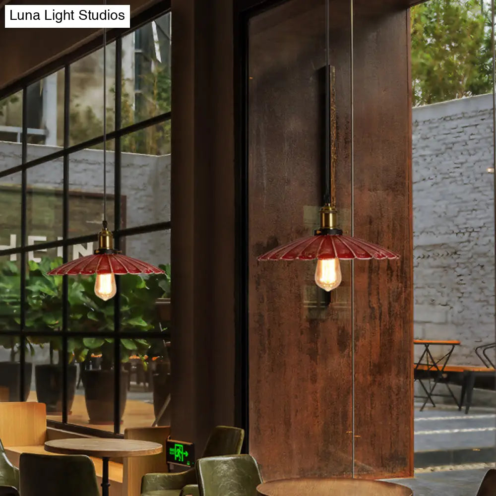 Rustic Red Scalloped Shade Pendant Lamp - Metallic Finish Ideal For Coffee Shops 1 Bulb Hanging